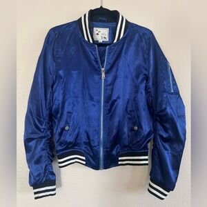 Blue Satin Bomber Jacket W/ Floral and Bird Design On Back